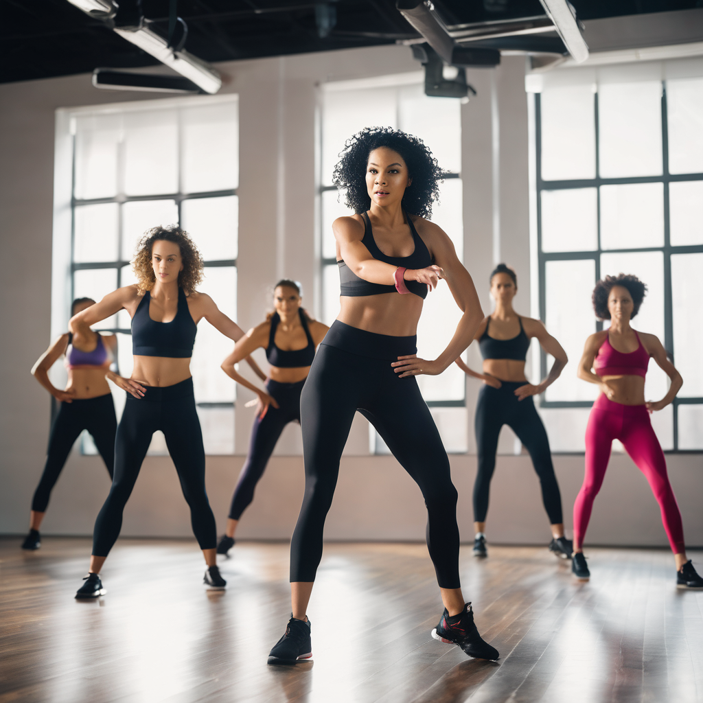 High-energy fitness instructor leading dynamic aerobics group class
