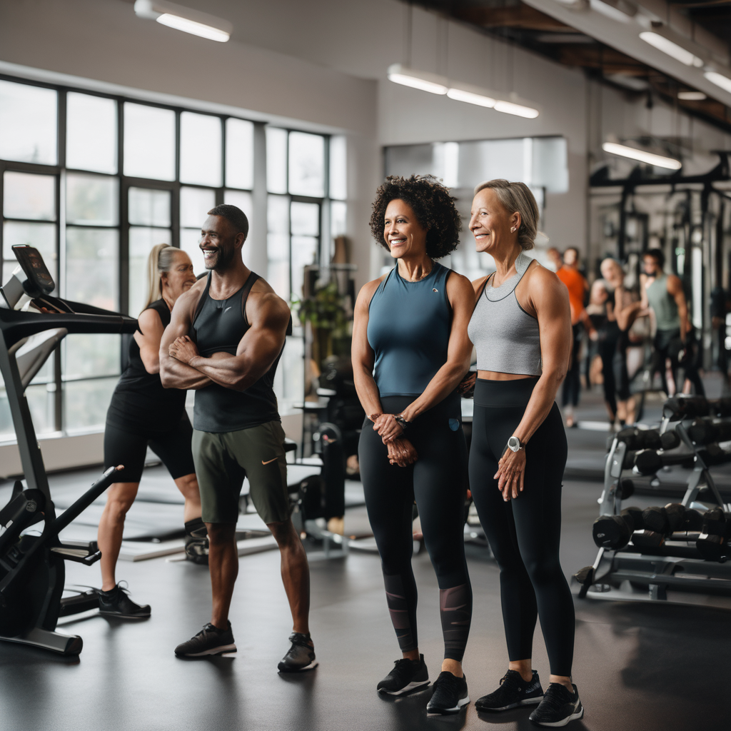 Welcoming fitness community gathering in a modern gym space with diverse people of various ages and abilities together