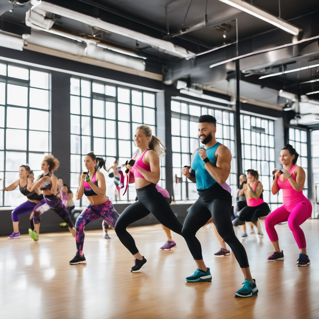 A group fitness class mid-movement, working through squats and lunges together in a studio