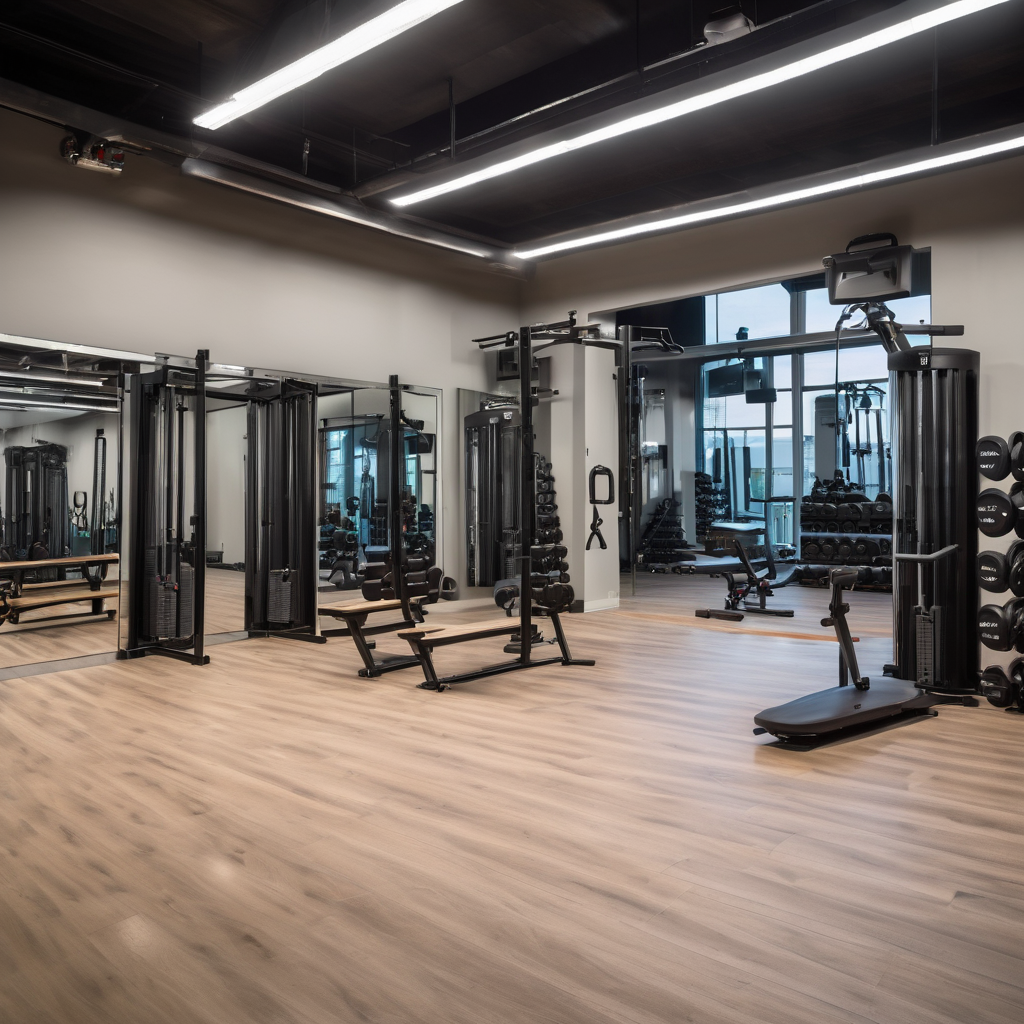 Professional gym facility with organized equipment, bright lighting, and clean workout space