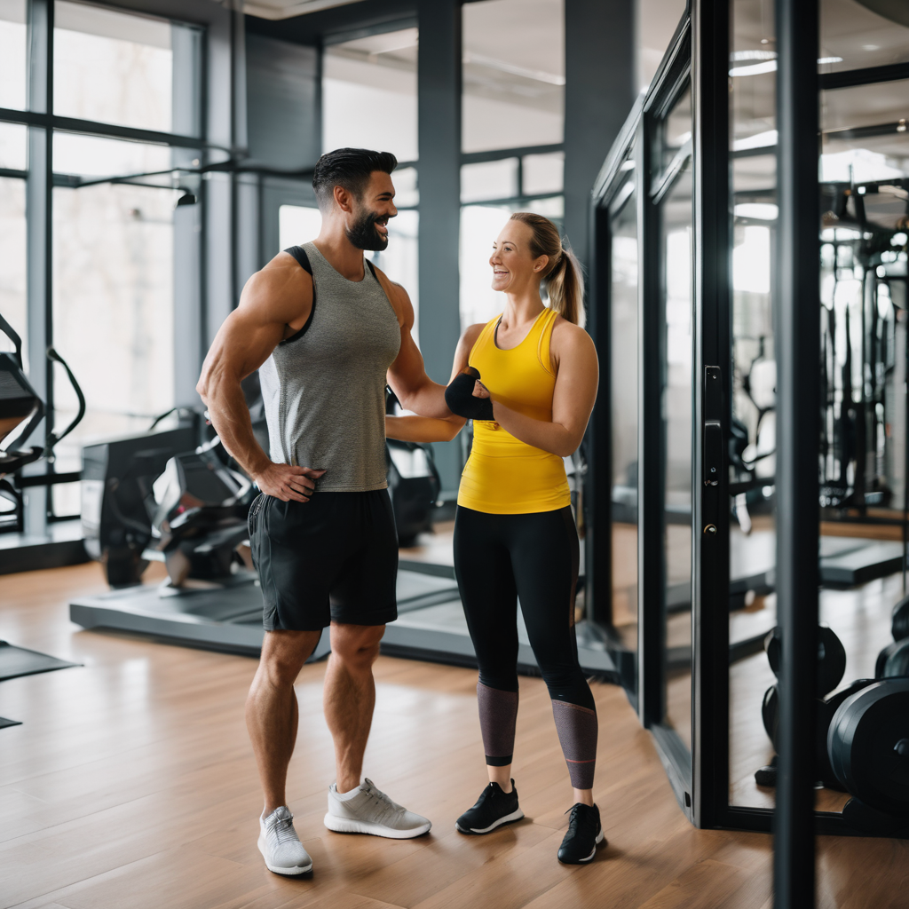 Warm friendly moment of trainer welcoming new member at gym studio entrance